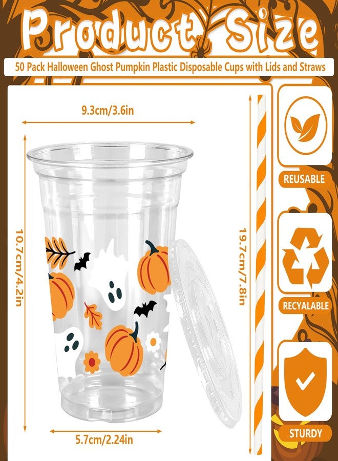 Whaline 50Pcs 12Oz Halloween Plastic Cups with Lids & Straws Pumpkin Ghost Disposable Clear Drinking Cups with Black Ribbon for Birthday Party Supplies - Image 2