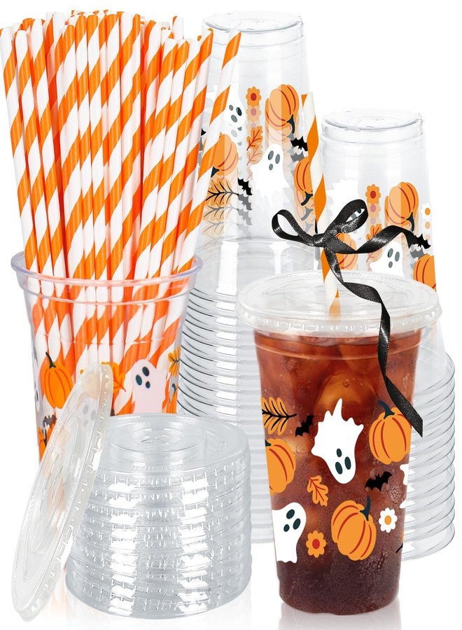 Whaline 50Pcs 12Oz Halloween Plastic Cups with Lids & Straws Pumpkin Ghost Disposable Clear Drinking Cups with Black Ribbon for Birthday Party Supplies - Image 1