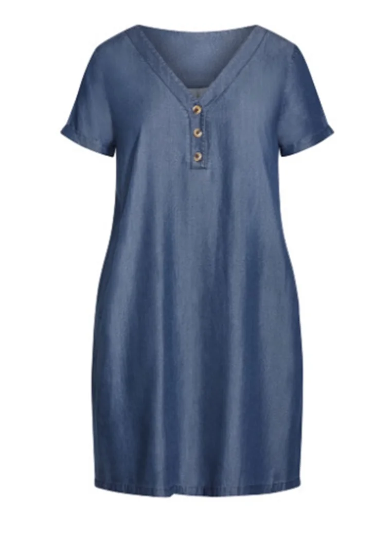 Avenue Button Detail V-Neck Dress