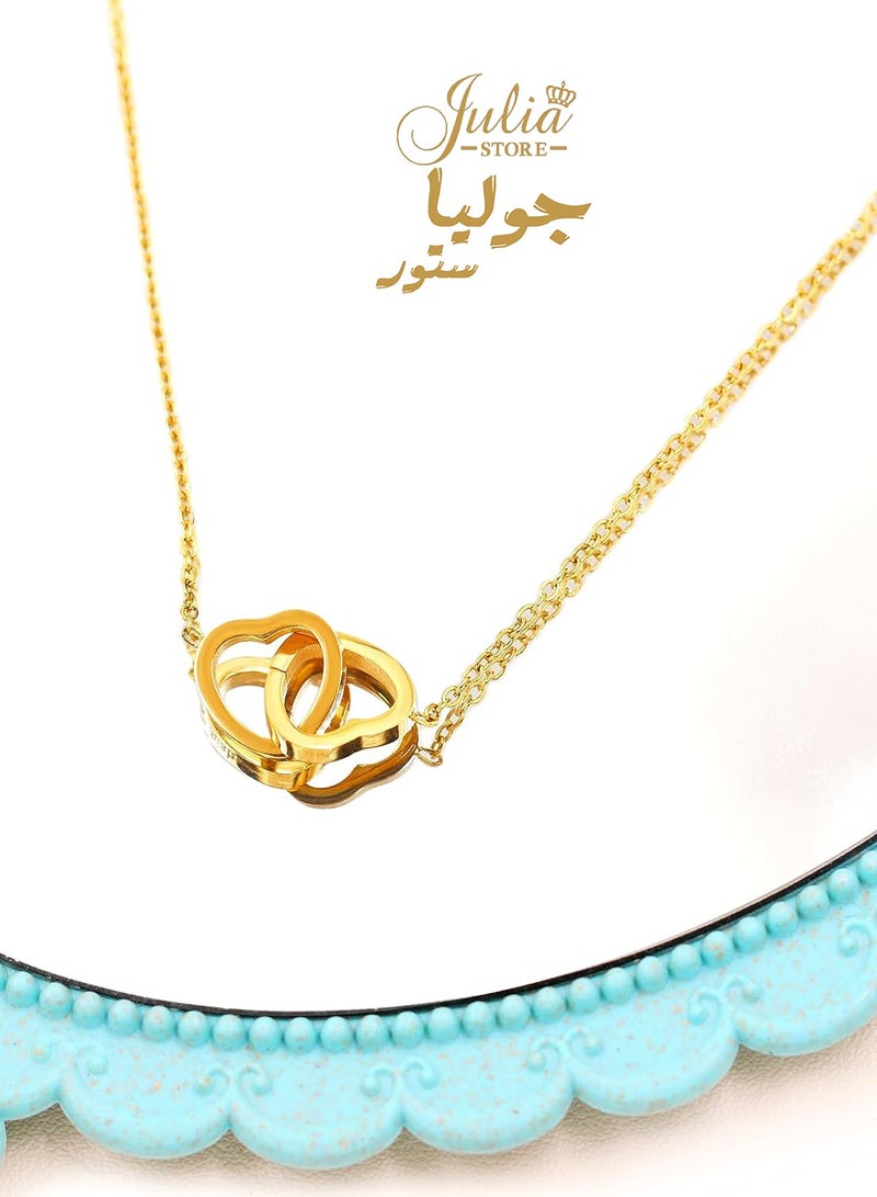 Julia Store 18K Gold Plated Stainless Steel Charm Interlocking Heart Necklace Double Love Pendant Choker - Image 1