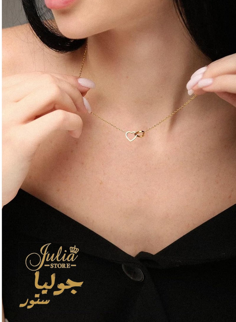 Julia Store 18K Gold Plated Stainless Steel Charm Interlocking Heart Necklace Double Love Pendant Choker - Image 2