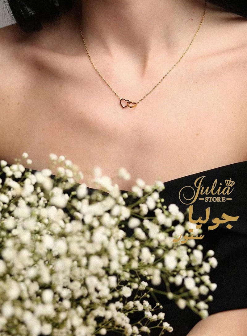 Julia Store 18K Gold Plated Stainless Steel Charm Interlocking Heart Necklace Double Love Pendant Choker - Image 3