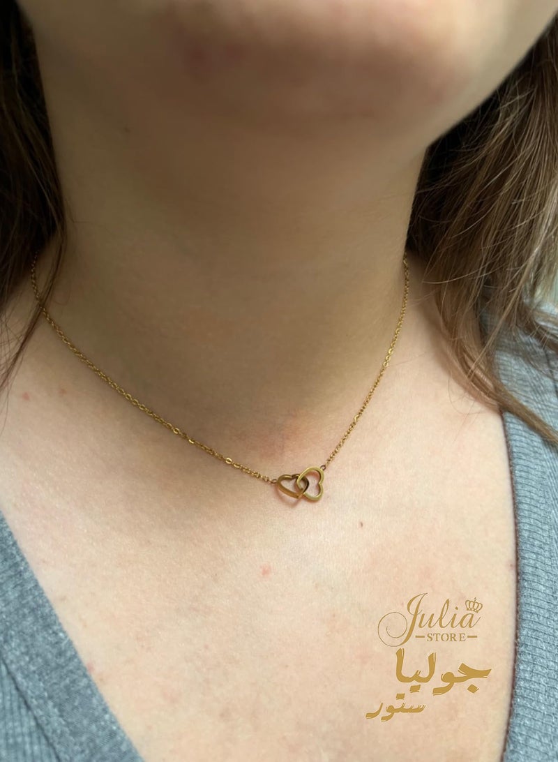 Julia Store 18K Gold Plated Stainless Steel Charm Interlocking Heart Necklace Double Love Pendant Choker - Image 4
