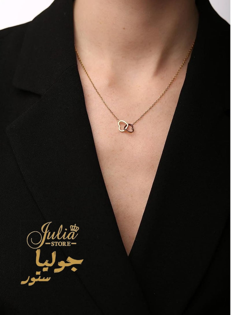 Julia Store 18K Gold Plated Stainless Steel Charm Interlocking Heart Necklace Double Love Pendant Choker - Image 5