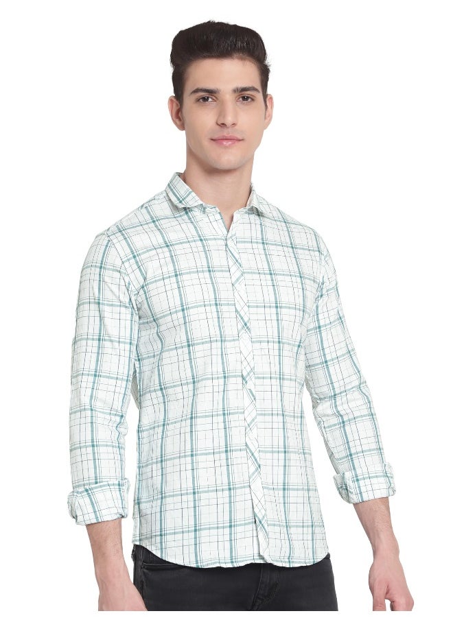 Beyoung Long Sleeve Teal Green Checked Shirts for Men  - Image 1
