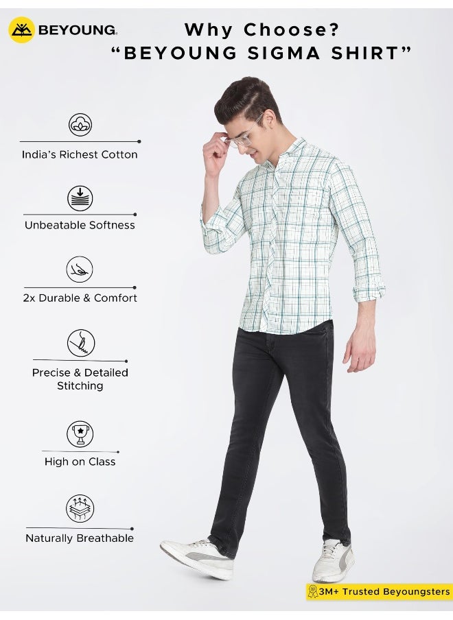 Beyoung Long Sleeve Teal Green Checked Shirts for Men  - Image 5