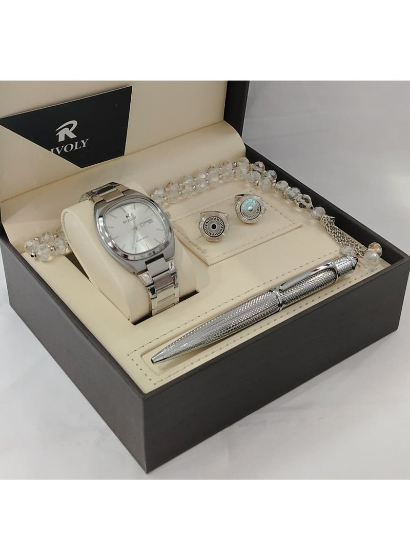 ريفولي طقم رجالي من الستانلس ستيل يتكون من ساعة وسبحة وقلم وازرار اكمام