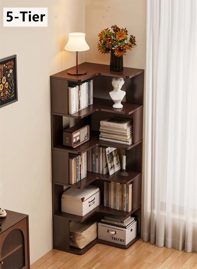 كوتيس مكتبة زاوية من كوتيس بخمسة طوابق، رف خشبي للكتب، وحدة تخزين للعرض، أثاث مكتبي لغرفة المعيشة، 60 × 60 × 162 سم - Image 1