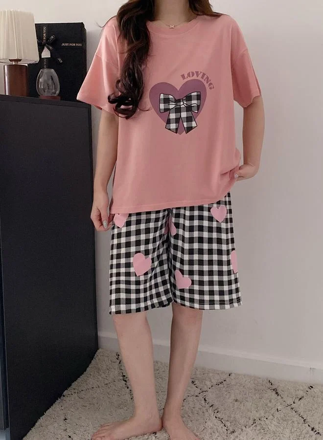 Take Two Light Pink Plus Size Heart Print Checked T-Shirt and Shorts Set for Women | Best Price UAE