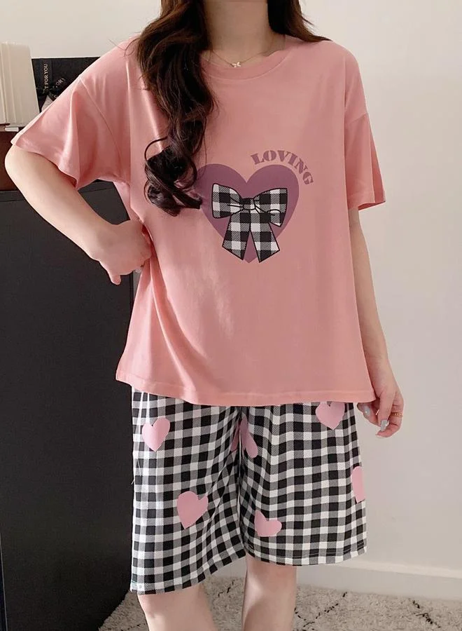 Take Two Light Pink Plus Size Heart Print Checked T-Shirt and Shorts Set for Women | Best Price UAE