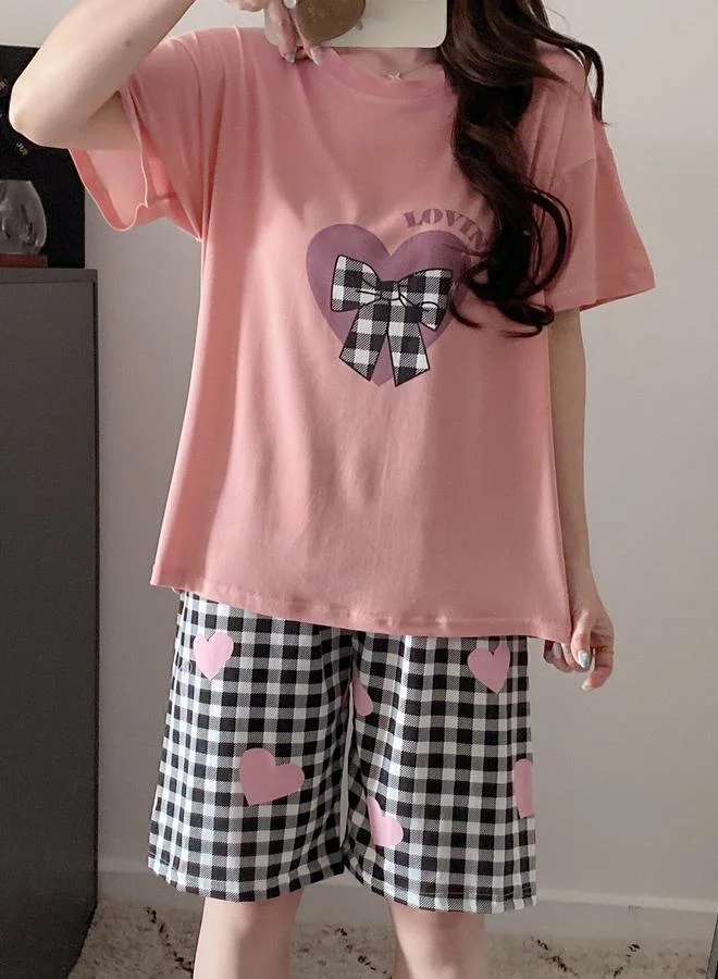 Take Two Light Pink Plus Size Heart Print Checked T-Shirt and Shorts Set for Women | Best Price UAE