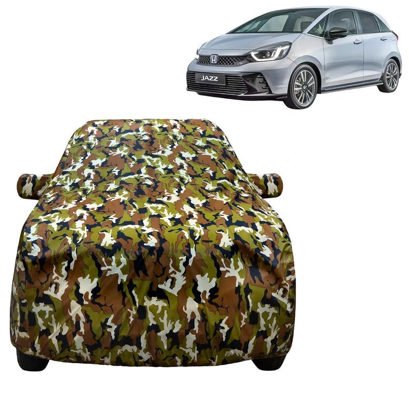 VYAS 100% Waterproof Car Body Cover for Honda Jazz (2009-2023) with Mirror Pocket Triple Stitched Belt & Buckle Fitting Dual Elastic, Durable Material Jungle Print Camouflage Design - Image 1