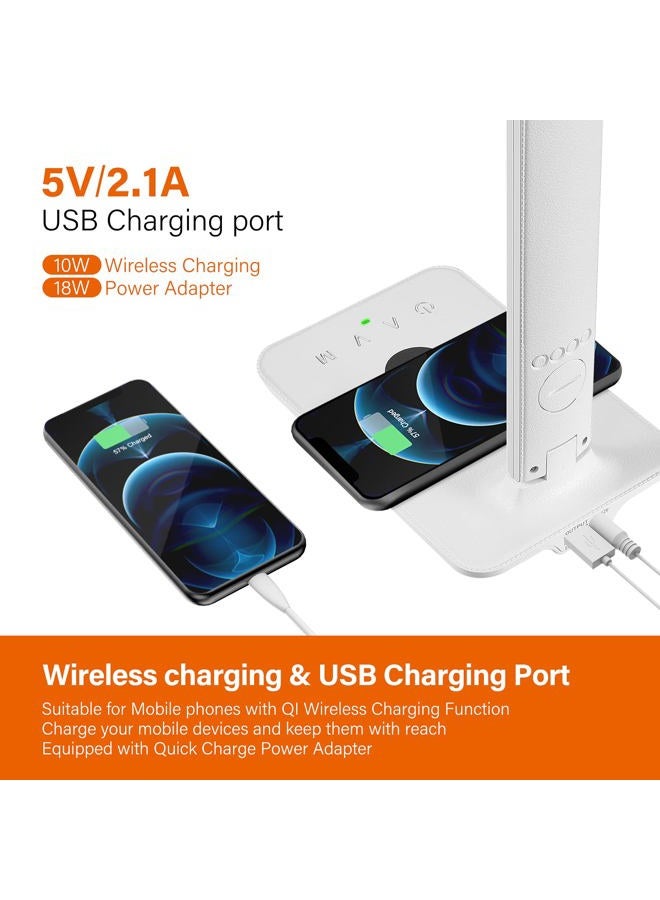 poukaran LED Desk Lamp with Wireless Charger, USB Charging Port, Office Table Lamp with Clock, Alarm, Date, Temperature for Home Office, White - Image 3