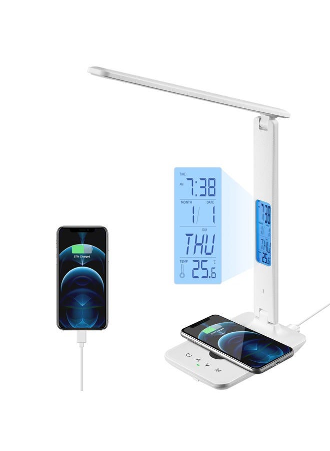 poukaran LED Desk Lamp with Wireless Charger, USB Charging Port, Office Table Lamp with Clock, Alarm, Date, Temperature for Home Office, White - Image 1