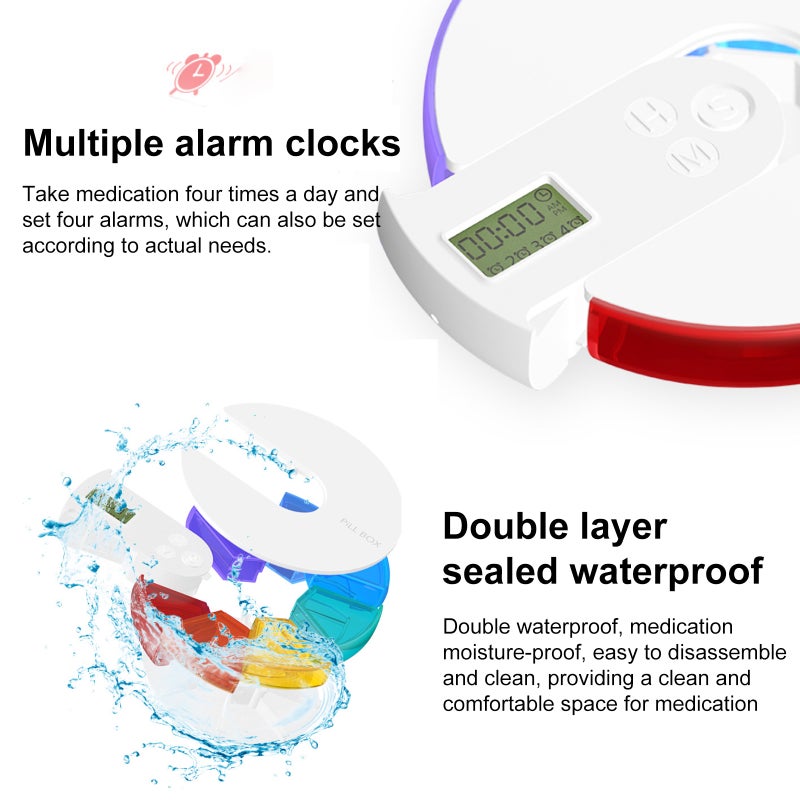 Electronic Pill Box with Smart Reminder Portable 7 Grids Weekly Pill Organizer with Timer 12/24 Hour Clock 4 Alarm Clocks Waterproof Food-Grade Material for Pills Capsules - Image 2