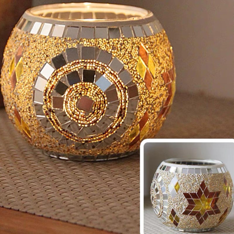 MIATTCLD Mosaic Glass Tea Light Holders Romantic Stained Votive Candle Holder, MIATTCLD Round Handmade Tealight Candle Holder for Table Centerpieces, Christmas, Valentine, Birthday Party, Home Decor (H) - Image 4