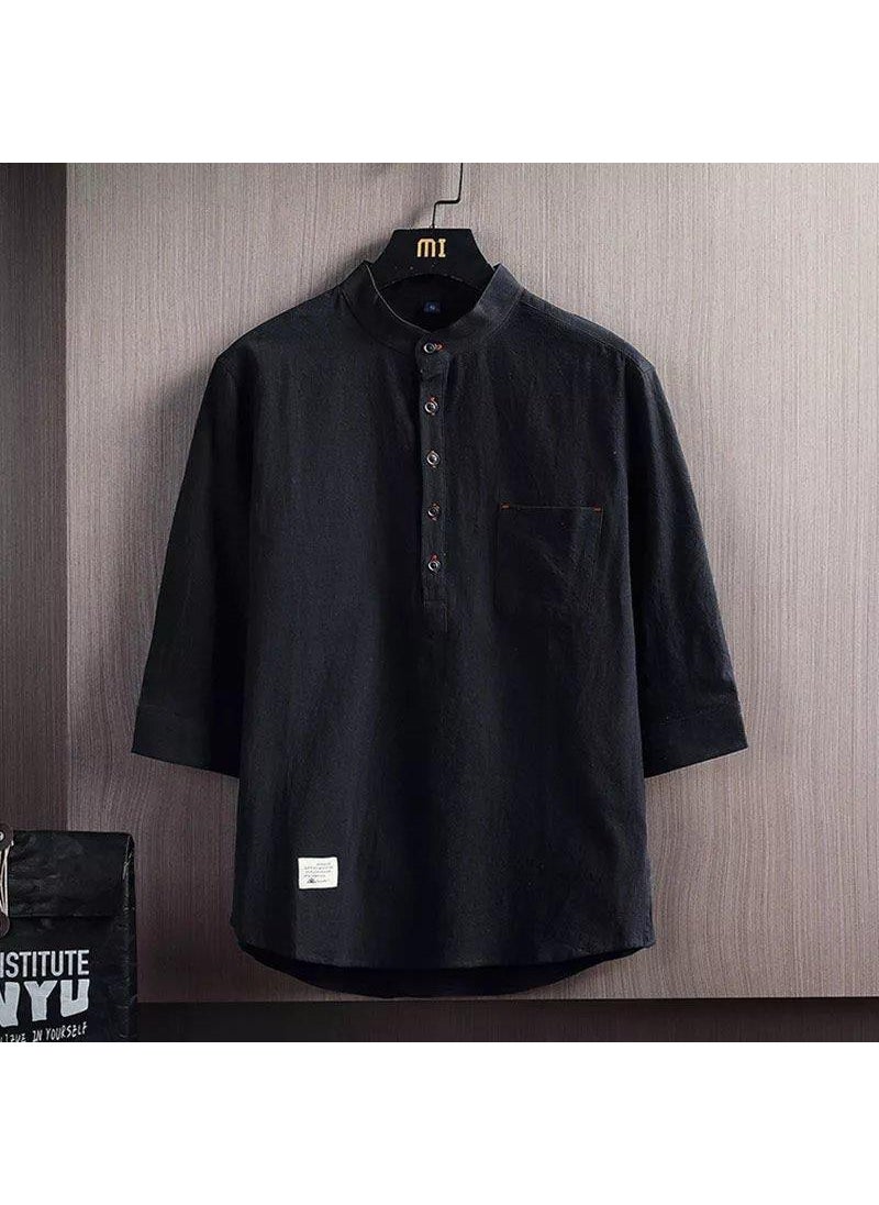Generic - Casual Cotton Linen Shirt Mens Stand Collar Loose Fit Seven-Quarter Sleeve Outerwear Pure Color Polyester Fiber Spring Season Black (high quality) - Image 1
