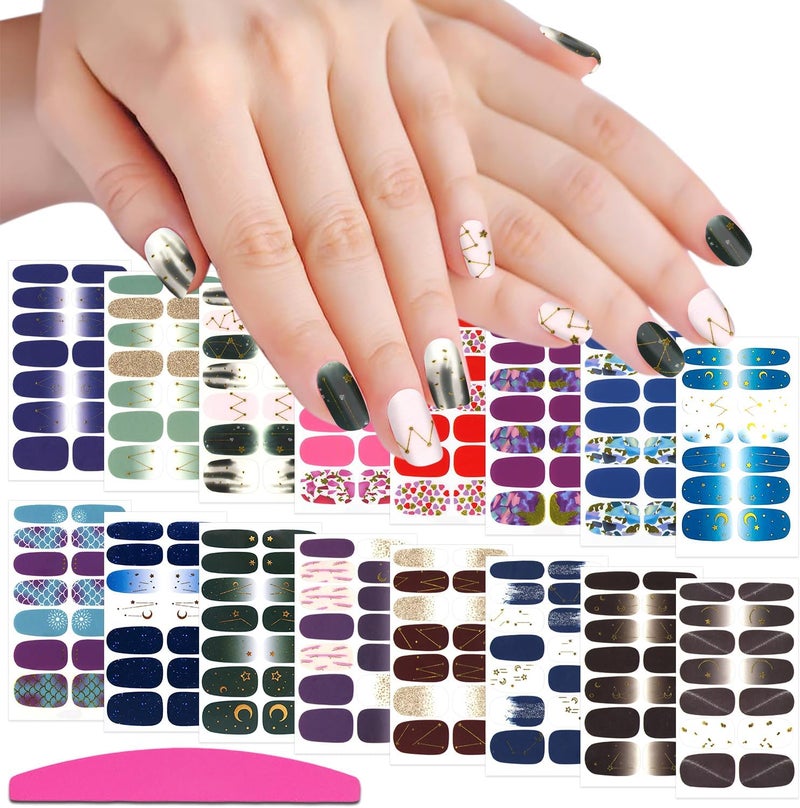 SILPECWEE 16 Sheets Nail Wraps Nail Polish Strips for Women Glitter Sequin Star Moon Gold Foil Nail Stickers Self Adhesive Nail Polish Stickers Fingernail Manicure Sticker with 1pc Nail File