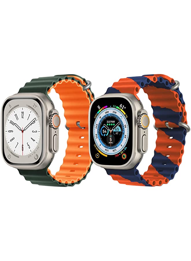 IAF Silicone Ocean Band Strap for Apple Watch Ultra 8 49mm Green/Orange Double Side Strap with Orange/Blue Double Line Strap Set of 2