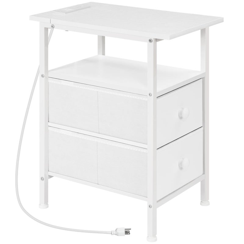 HOOBRO End Table with Charging Station, Narrow Side Table, Nightstand with 2 Non-Woven Drawers, Slim Sofa Side Table, for Small Spaces, Living Room, Bedroom, White WT486UBZ01 - Image 1
