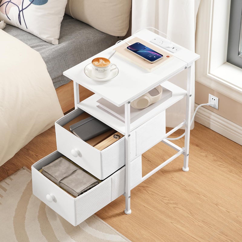 HOOBRO End Table with Charging Station, Narrow Side Table, Nightstand with 2 Non-Woven Drawers, Slim Sofa Side Table, for Small Spaces, Living Room, Bedroom, White WT486UBZ01 - Image 3