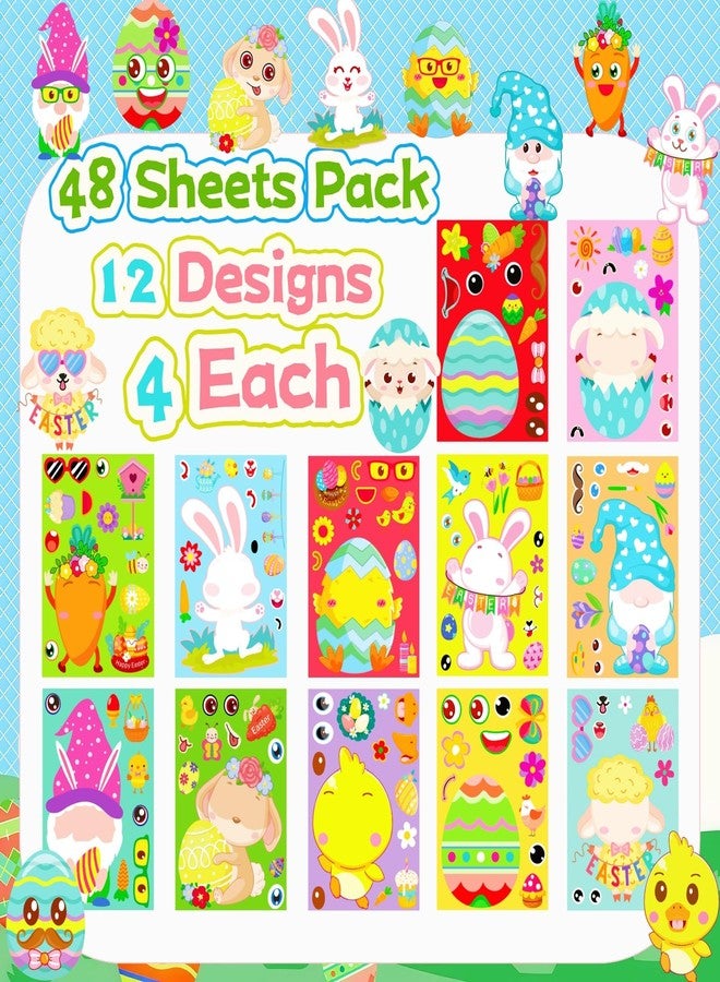 ٤٨ ورقة من ملصقات عيد الفصح للأطفال الصغار، اصنع بنفسك ملصقات على شكل وجوه مع بيض وأرانب وخراف، ملصقات حرفية لعيد الفصح لحشو سلال عيد الفصح، هدايا حفلات الأطفال، لوازم وديكورات - Image 2
