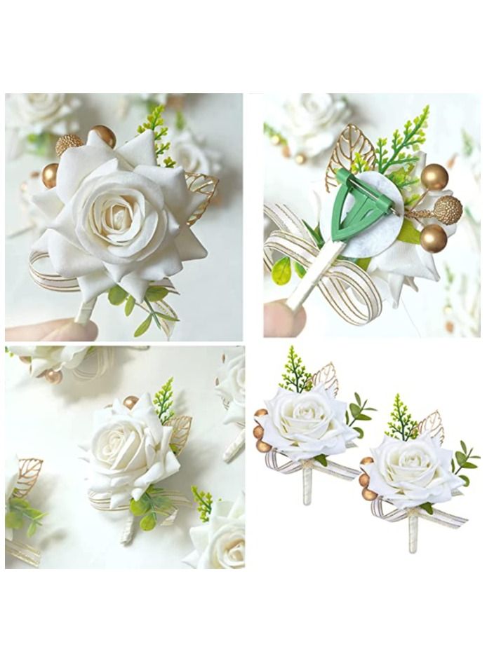 SYOSI Boutonniere for Wedding, 4Pcs White Rose Boutonnieres, Wedding Bride and Groom, Best Man Bridesmaid Corsage, Flower Wedding Party Prom Groomsmen Suit Artificial Flowers Ivory Roses Decorations - Image 3