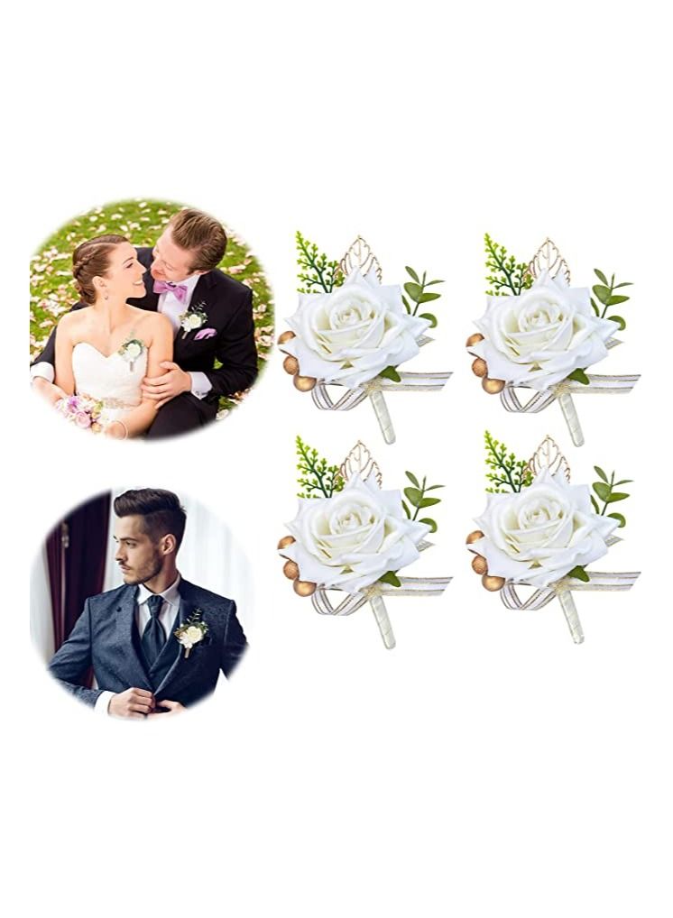SYOSI Boutonniere for Wedding, 4Pcs White Rose Boutonnieres, Wedding Bride and Groom, Best Man Bridesmaid Corsage, Flower Wedding Party Prom Groomsmen Suit Artificial Flowers Ivory Roses Decorations - Image 1