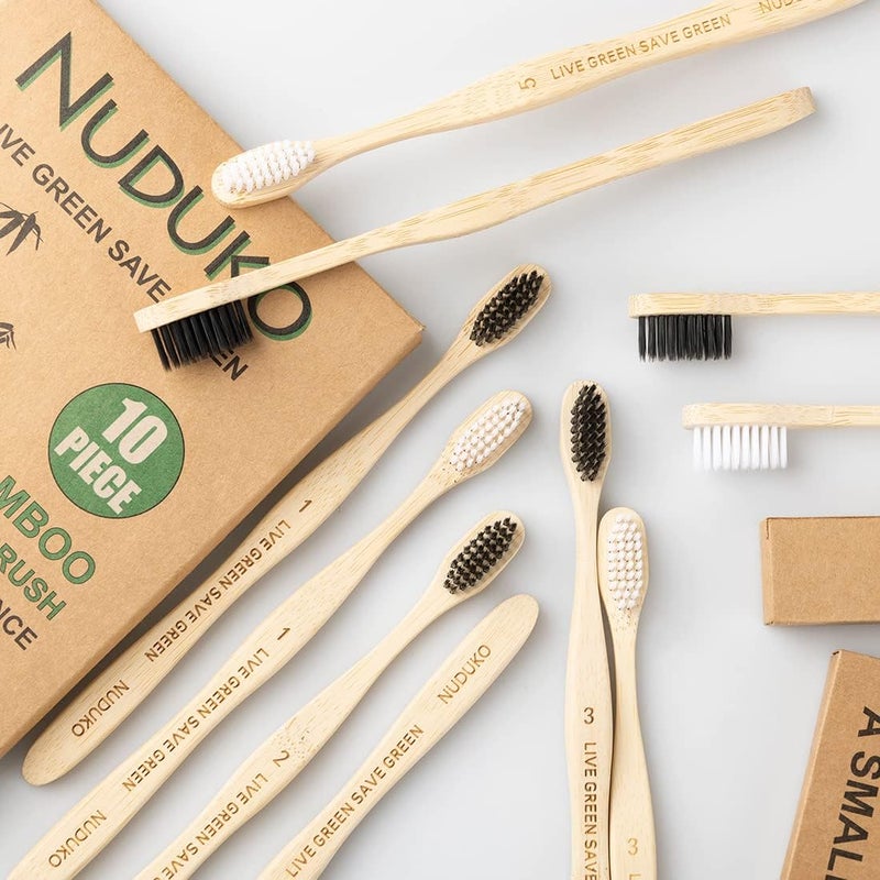 NUDUKO Toothbrush 10 Pack Bamboo Toothbrushes - Eco-Friendly Natural Wooden Tooth Brush, BPA Free Organic Soft Bristle Toothbrush, Biodegradable Soft Toothbrushes for Adults - Image 5