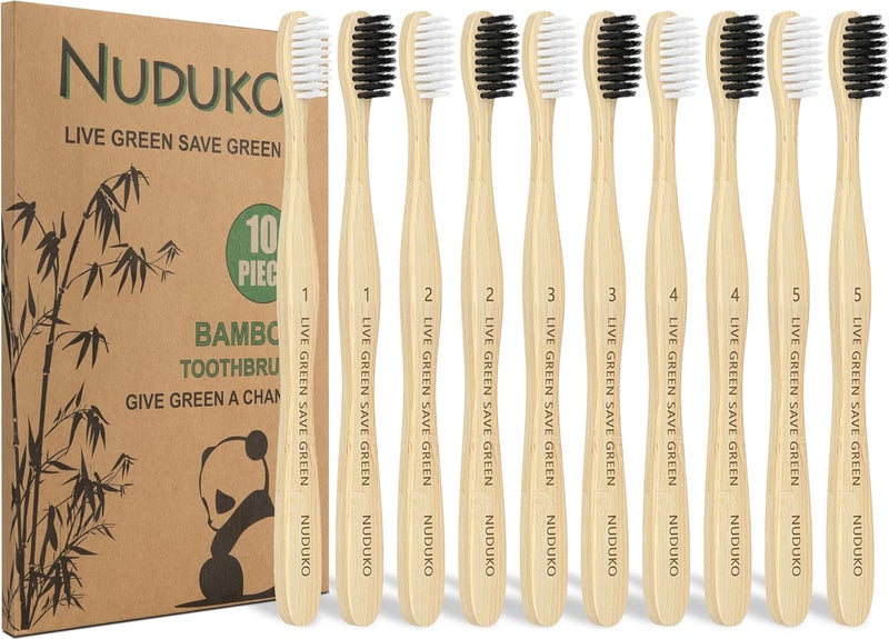 NUDUKO Toothbrush 10 Pack Bamboo Toothbrushes - Eco-Friendly Natural Wooden Tooth Brush, BPA Free Organic Soft Bristle Toothbrush, Biodegradable Soft Toothbrushes for Adults - Image 1