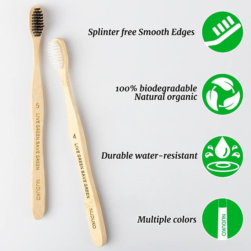 NUDUKO Toothbrush 10 Pack Bamboo Toothbrushes - Eco-Friendly Natural Wooden Tooth Brush, BPA Free Organic Soft Bristle Toothbrush, Biodegradable Soft Toothbrushes for Adults - Image 3