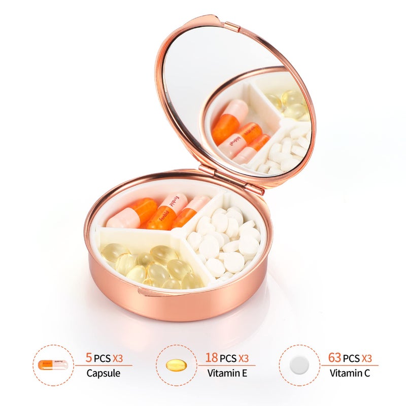 Dynippy Pill Case Pill Box with Mirror Pocket 3 Compartment Medicine Case Vitamin Pill Organizer for Pocket Purse and Travel (Round, Rose Gold-Rose) - Image 4