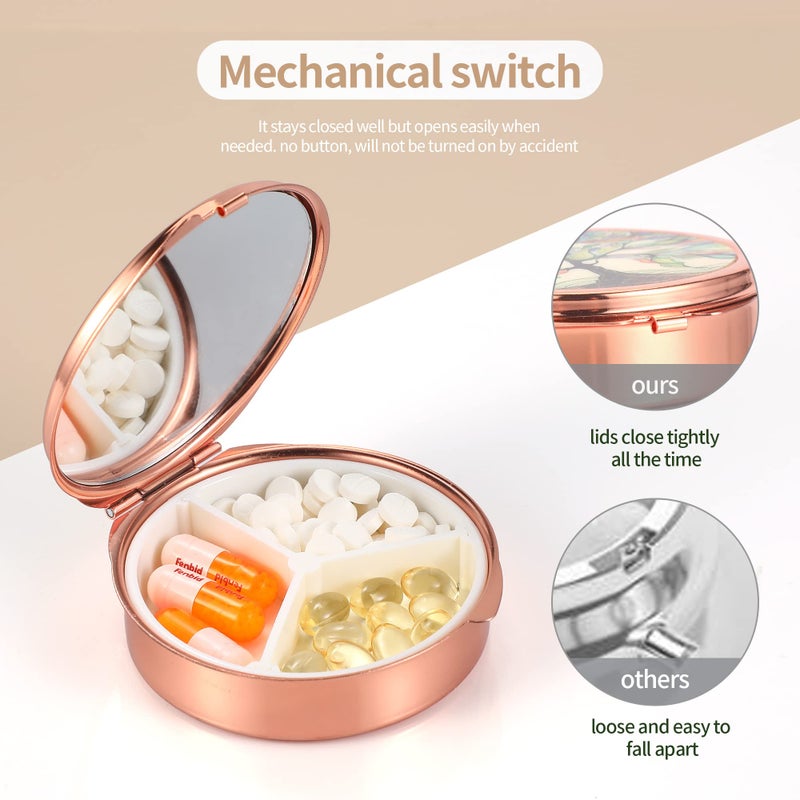 Dynippy Pill Case Pill Box with Mirror Pocket 3 Compartment Medicine Case Vitamin Pill Organizer for Pocket Purse and Travel (Round, Rose Gold-Rose) - Image 5