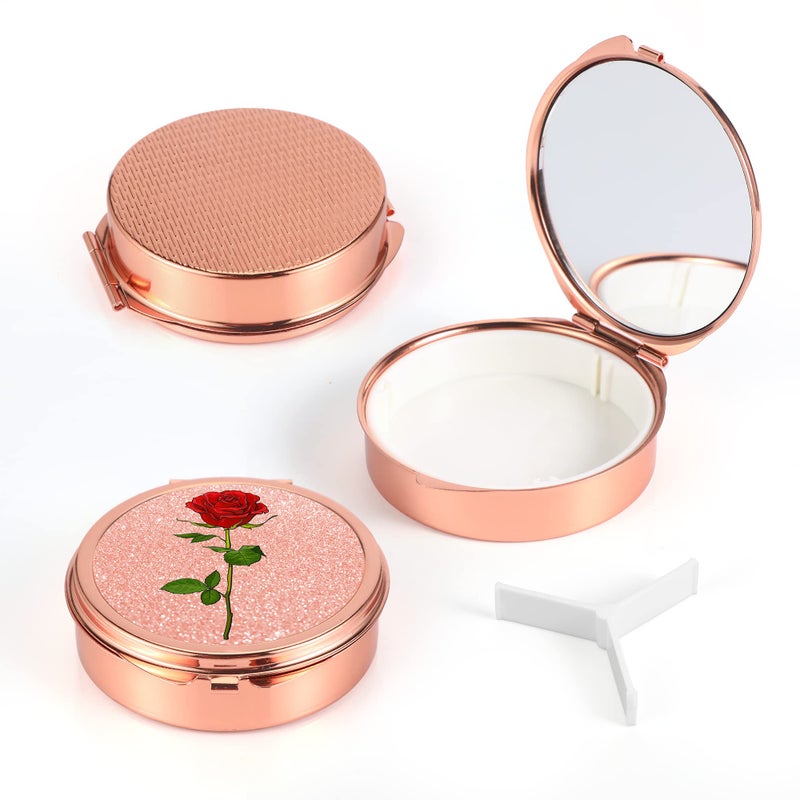 Dynippy Pill Case Pill Box with Mirror Pocket 3 Compartment Medicine Case Vitamin Pill Organizer for Pocket Purse and Travel (Round, Rose Gold-Rose) - Image 3