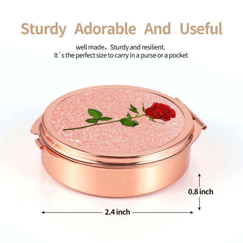 Dynippy Pill Case Pill Box with Mirror Pocket 3 Compartment Medicine Case Vitamin Pill Organizer for Pocket Purse and Travel (Round, Rose Gold-Rose) - Image 2