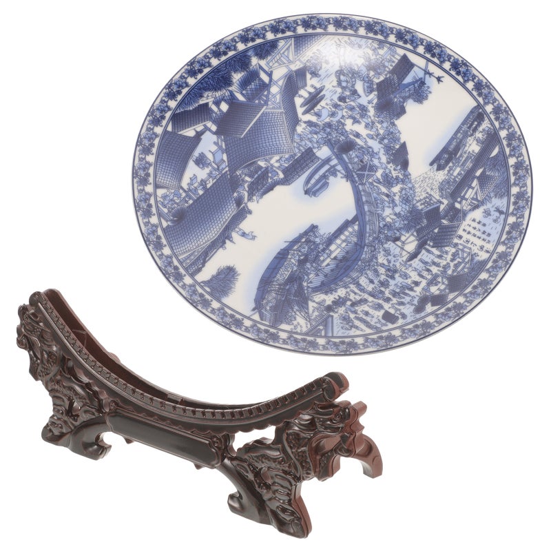 1 Set Ceramic Display Plate With Wood Stand Chinese Style Display Plate Dessert Plate - Image 1
