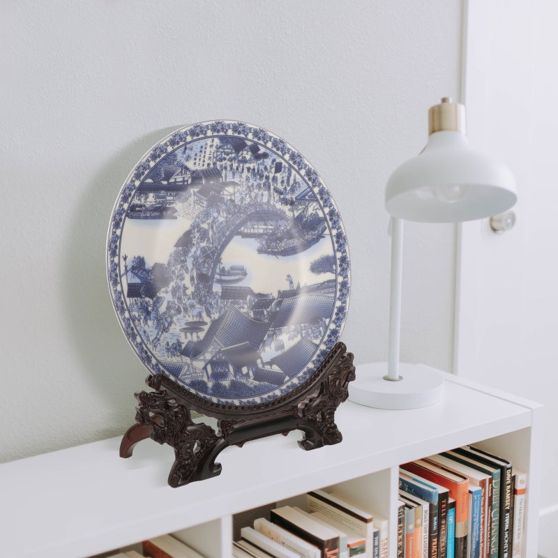 1 Set Ceramic Display Plate With Wood Stand Chinese Style Display Plate Dessert Plate - Image 3