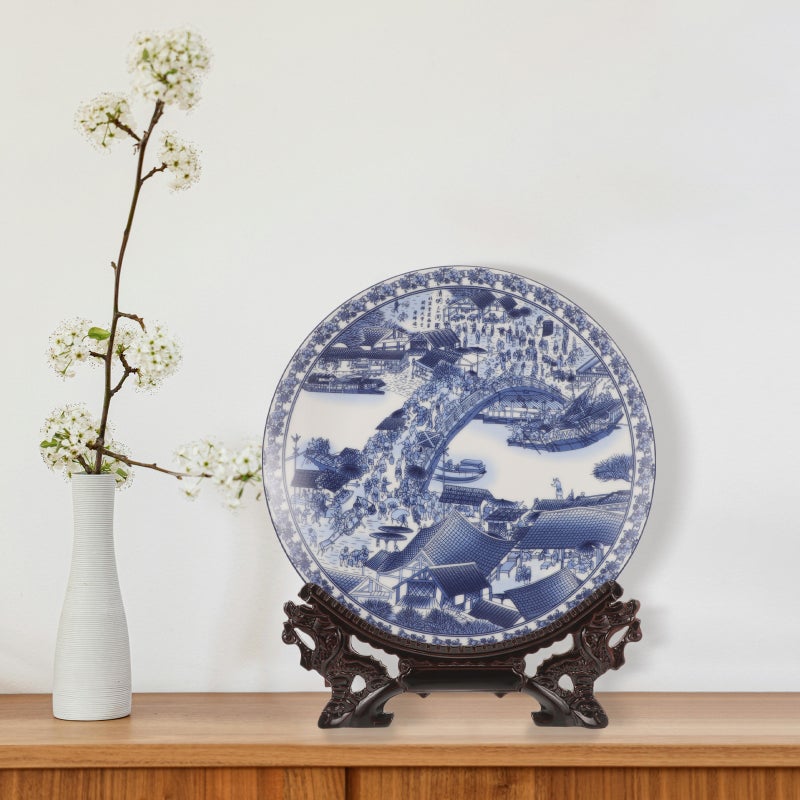 1 Set Ceramic Display Plate With Wood Stand Chinese Style Display Plate Dessert Plate - Image 4
