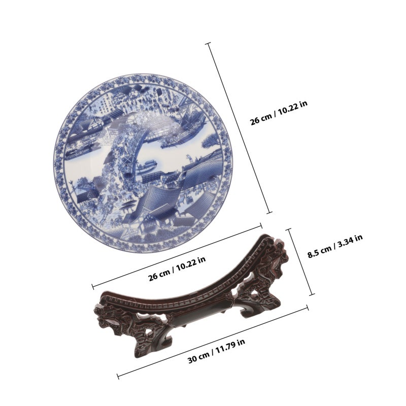1 Set Ceramic Display Plate With Wood Stand Chinese Style Display Plate Dessert Plate - Image 2