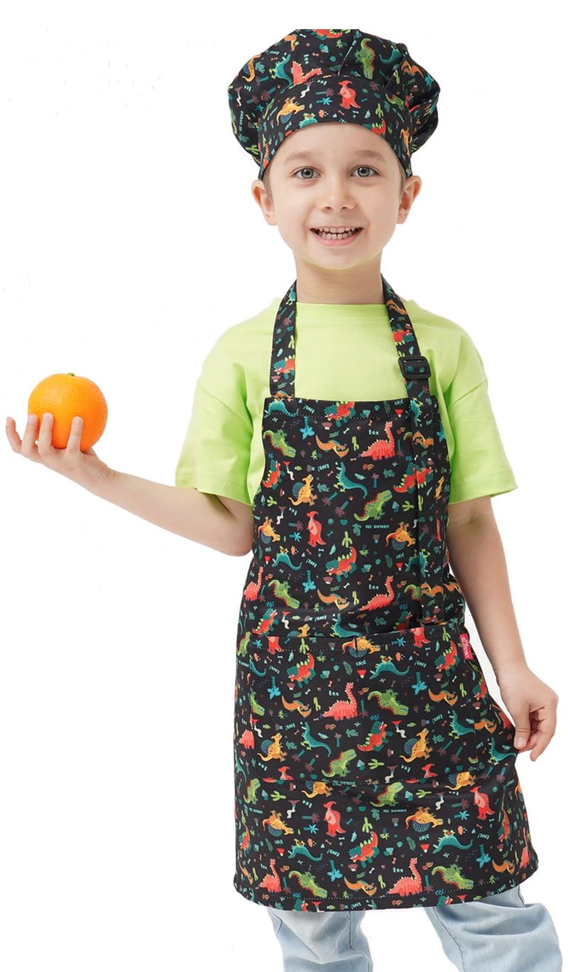ALIPOBO Kids Apron and Chef Hat Set, Children's Kitchen Cooking Aprons with 2 Pockets for Boys Girls Toddler Painting Baking (Dinosaur Black, 6-12 Years) - Image 1