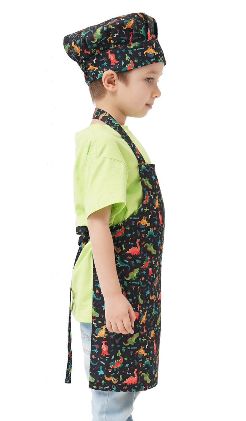 ALIPOBO Kids Apron and Chef Hat Set, Children's Kitchen Cooking Aprons with 2 Pockets for Boys Girls Toddler Painting Baking (Dinosaur Black, 6-12 Years) - Image 5