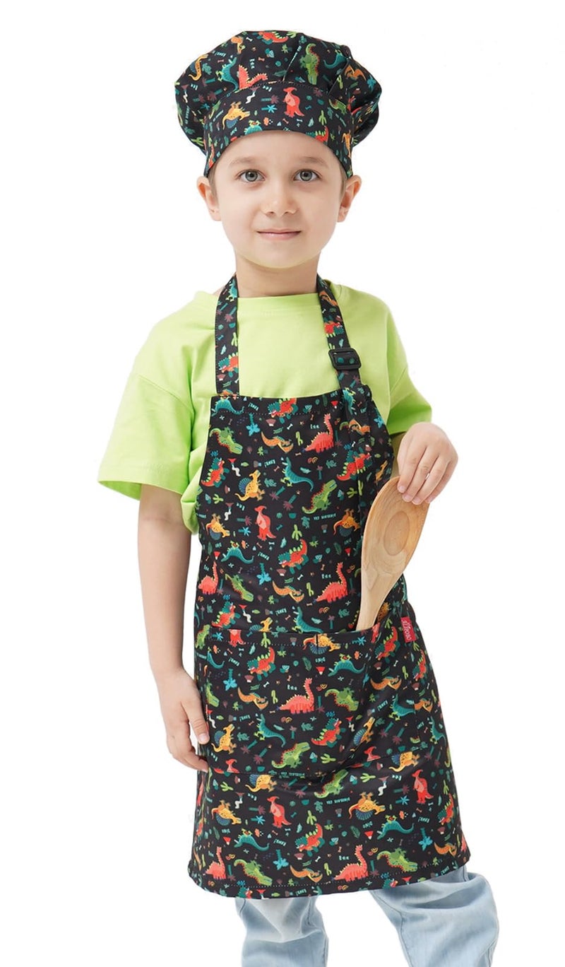 ALIPOBO Kids Apron and Chef Hat Set, Children's Kitchen Cooking Aprons with 2 Pockets for Boys Girls Toddler Painting Baking (Dinosaur Black, 6-12 Years) - Image 4