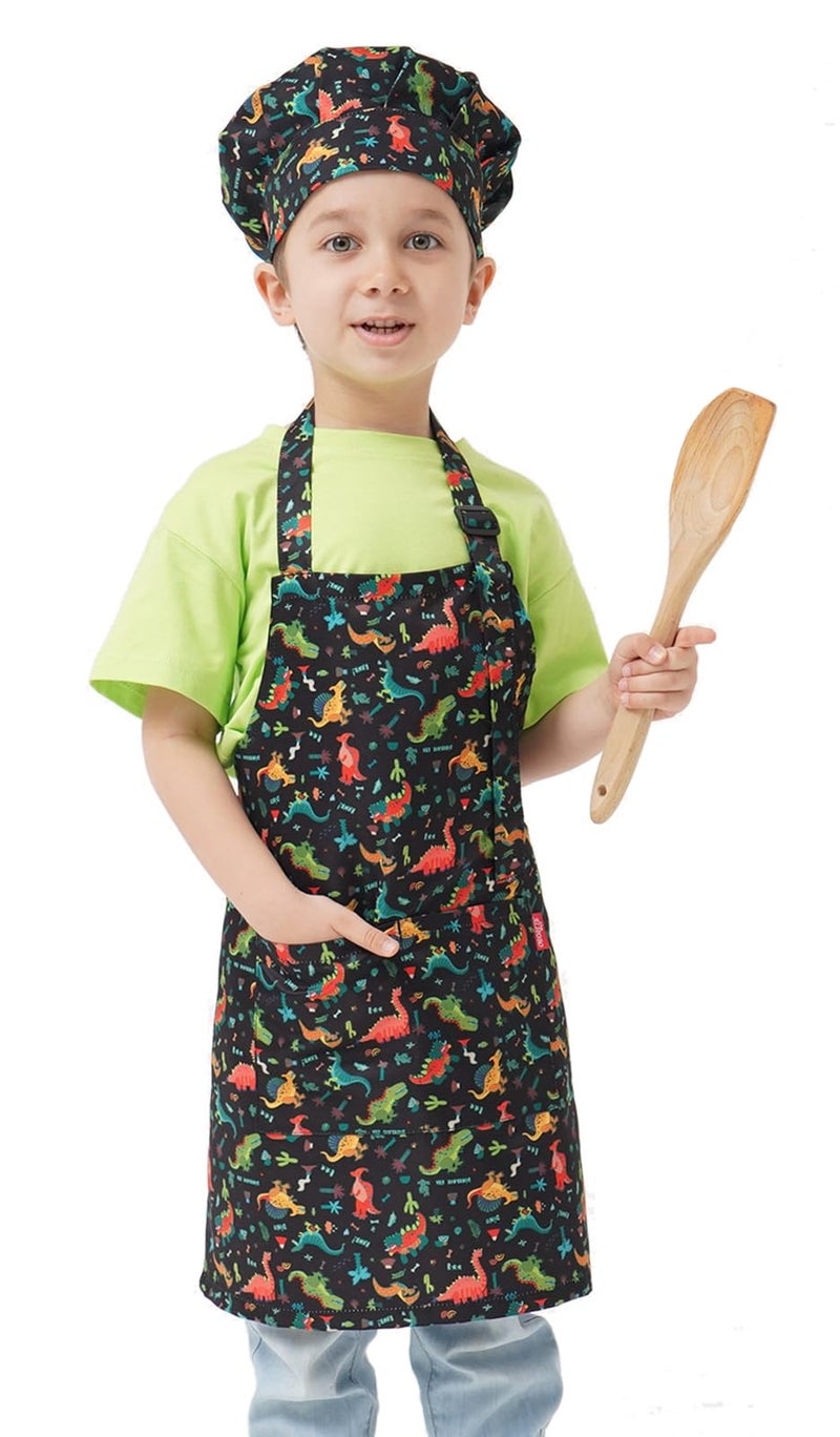 ALIPOBO Kids Apron and Chef Hat Set, Children's Kitchen Cooking Aprons with 2 Pockets for Boys Girls Toddler Painting Baking (Dinosaur Black, 6-12 Years) - Image 3
