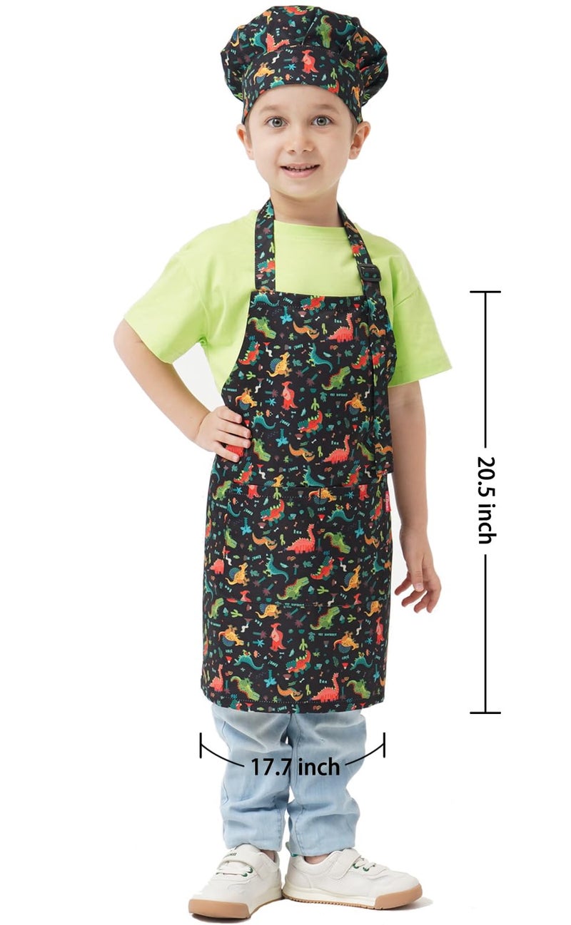 ALIPOBO Kids Apron and Chef Hat Set, Children's Kitchen Cooking Aprons with 2 Pockets for Boys Girls Toddler Painting Baking (Dinosaur Black, 6-12 Years) - Image 2