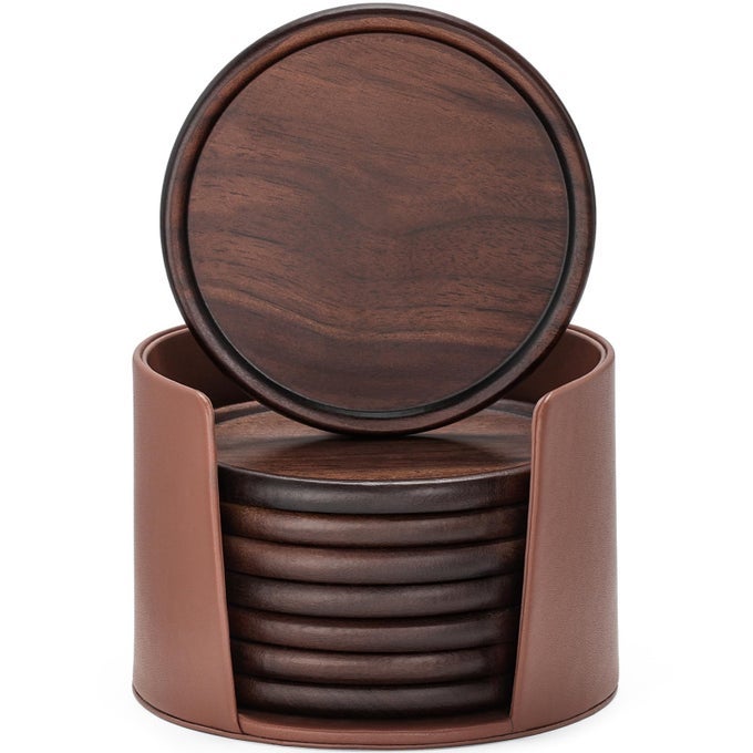 Wood Coasters with Leather Holder Set of 8 Walnut Wooden Coaster Set for Drinks Desk Coffee Table Home Kitchen Office Bar Tabletop Protection Living Room Decor Fathers Day Gifts 4 Inch