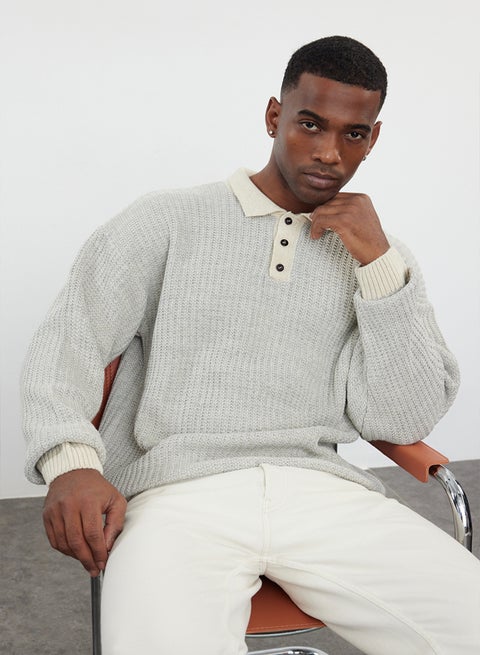 Stone Casual Regular Polo Neck Textured Knitwear Sweater