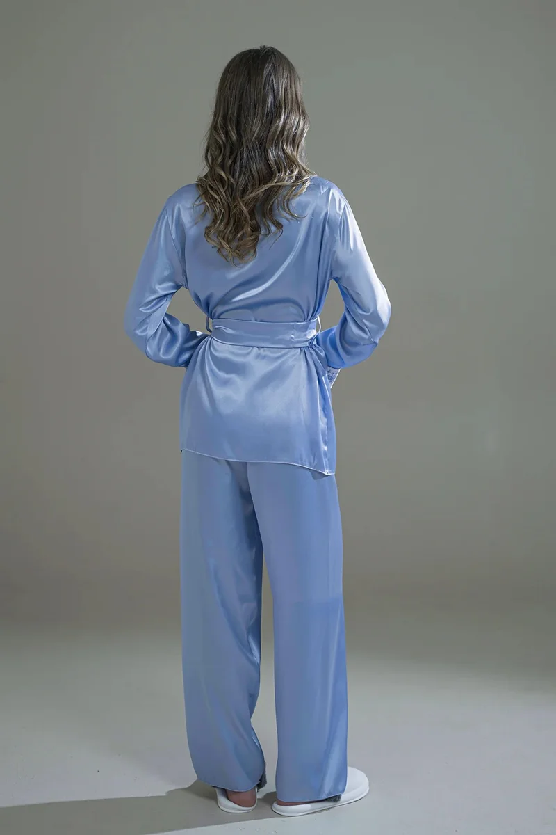 Mita Concept ICE BLUE SATIN SHAWL-COLLAR KIMONO & PANTS SET