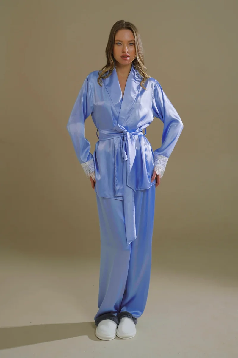 Mita Concept ICE BLUE SATIN SHAWL-COLLAR KIMONO & PANTS SET