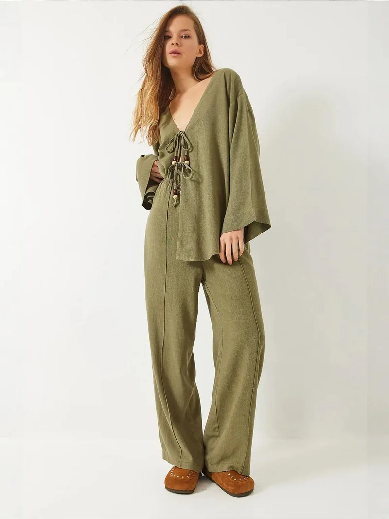 LUCCI Textured V-Neck Tunic and Wide Leg Pants Set