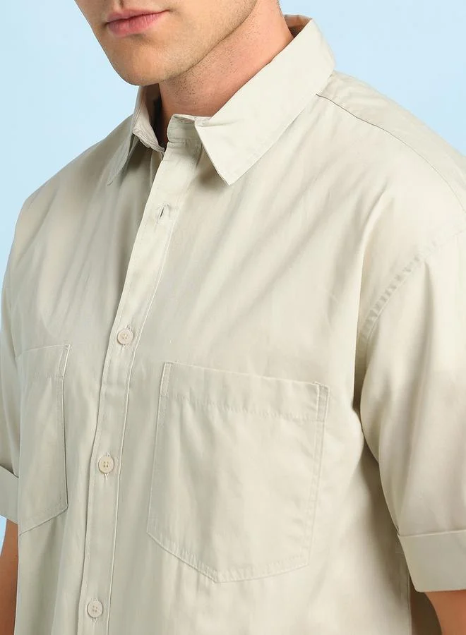 Dennis Lingo Men's Beige Poplin Solid Pattern Button Down Relaxed Shirt
